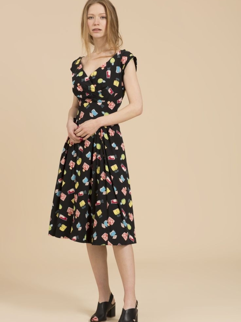 Emily And Fin Florence Black Fit-and-Flare Dress with Colorful Print Size 16UK